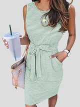 Women's Dresses Sleeveless Striped Belted Pocket Tank Dress - Midi Dresses - Instastyled | Online Fashion Free Shipping Clothing, Dresses, Tops, Shoes - 02/03/2022 - 30-40 - Casual Dresses
