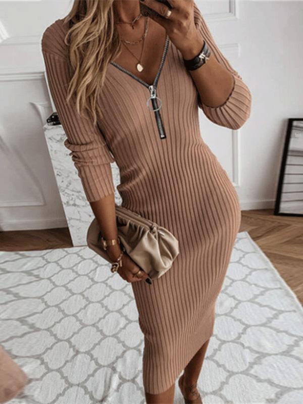 Women's Dresses Slim Fit Zip V-Neck Long Sleeve Dress - Midi Dresses - INS | Online Fashion Free Shipping Clothing, Dresses, Tops, Shoes - 20-30 - 30/08/2021 - Category_Midi Dresses