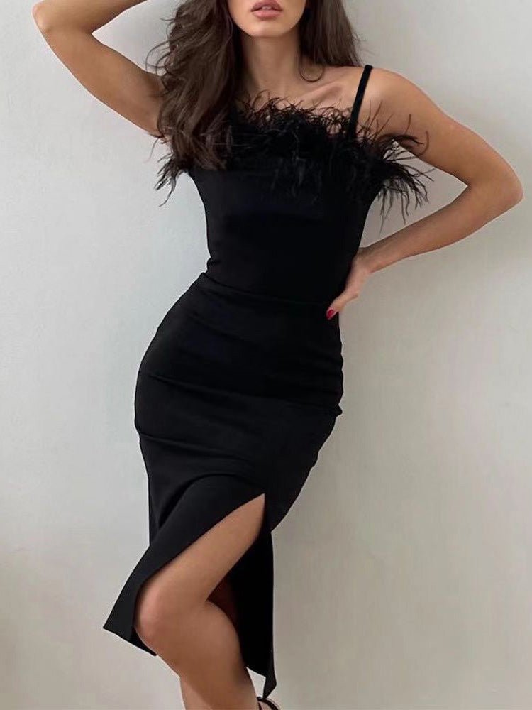 Women's Dresses Sling Feather Tube Top Slit Slim Dress - Midi Dresses - Instastyled | Online Fashion Free Shipping Clothing, Dresses, Tops, Shoes - 14/09/2022 - Bodycon Dresses - Color_Black