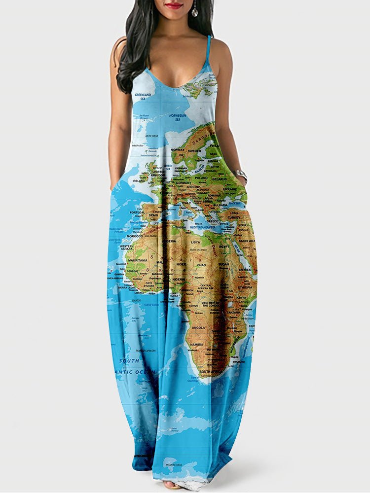 Women's Dresses Sling Map Print Pocket Dress - Maxi Dresses - Instastyled | Online Fashion Free Shipping Clothing, Dresses, Tops, Shoes - 02/08/2022 - 30-40 - casual-dresses