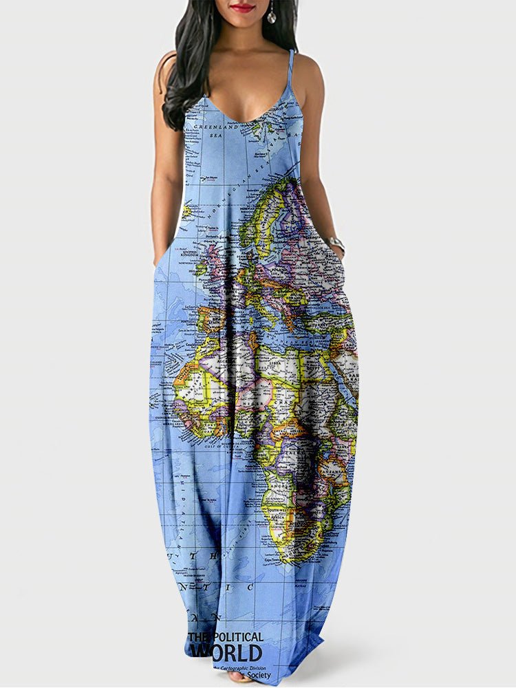 Women's Dresses Sling Map Print Pocket Dress - Maxi Dresses - Instastyled | Online Fashion Free Shipping Clothing, Dresses, Tops, Shoes - 02/08/2022 - 30-40 - casual-dresses