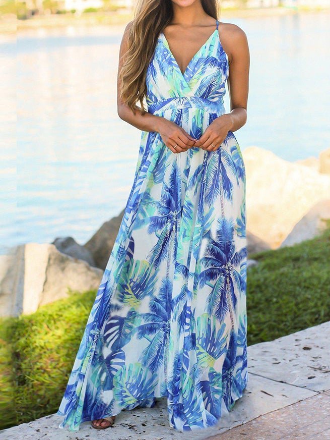 Women's Dresses Sling V-Neck Fashion Print Dress - Maxi Dresses - Instastyled | Online Fashion Free Shipping Clothing, Dresses, Tops, Shoes - 06/01/2022 - 30-40 - color-blue