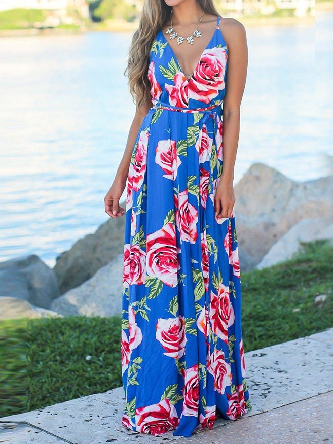 Women's Dresses Sling V-Neck Fashion Print Dress - Maxi Dresses - Instastyled | Online Fashion Free Shipping Clothing, Dresses, Tops, Shoes - 06/01/2022 - 30-40 - color-blue