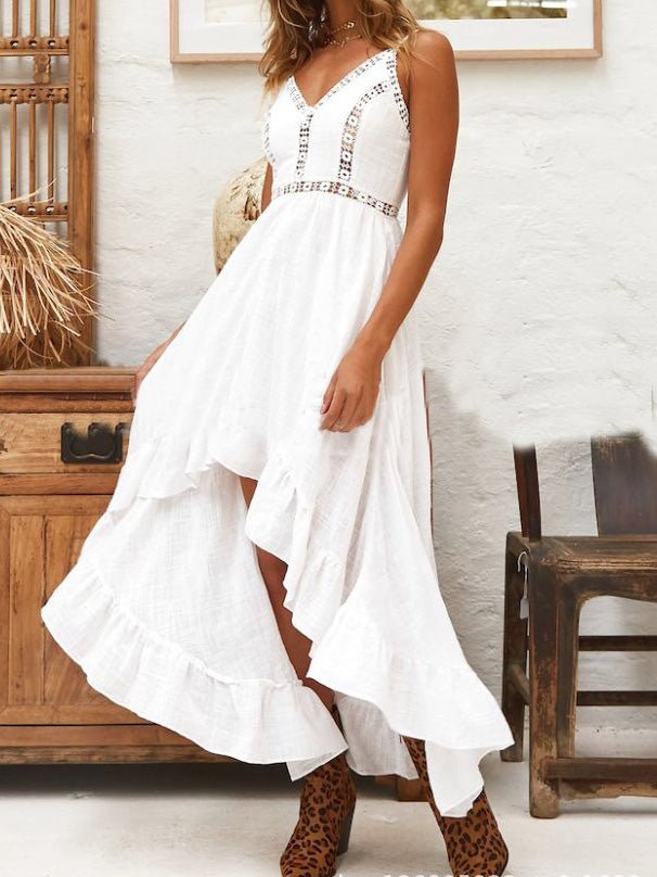 Women's Dresses Sling V-Neck Lace Ruffle Irregular Dress - Maxi Dresses - Instastyled | Online Fashion Free Shipping Clothing, Dresses, Tops, Shoes - 24/06/2022 - Casual Dresses - Color_White