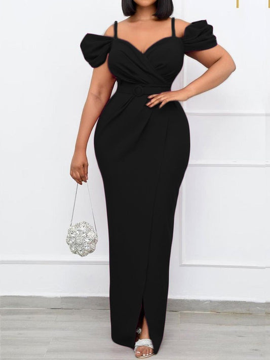 Women's Dresses Sling V-Neck Off-Shoulder Slit Dress - Maxi Dresses - Instastyled | Online Fashion Free Shipping Clothing, Dresses, Tops, Shoes - 12/04/2022 - color-black - color-red