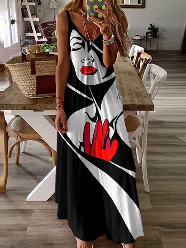 Women's Dresses Sling V-Neck Print Slim Dress - Maxi Dresses - Instastyled | Online Fashion Free Shipping Clothing, Dresses, Tops, Shoes - 14/03/2022 - 30-40 - color-black