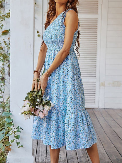 Women's Dresses Sloping Shoulder Floral Print Midi Dress - Midi Dresses - Instastyled | Online Fashion Free Shipping Clothing, Dresses, Tops, Shoes - 25/12/2021 - 30-40 - color-blue