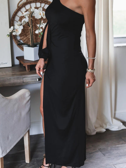 Women's Dresses Sloping Shoulder Long Sleeve Slit Dress - Maxi Dresses - Instastyled | Online Fashion Free Shipping Clothing, Dresses, Tops, Shoes - 07/01/2022 - 30-40 - color-black