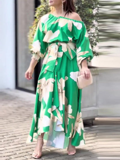 Women's Dresses Sloping Shoulder Print Balloon Sleeve Dress - Maxi Dresses - Instastyled | Online Fashion Free Shipping Clothing, Dresses, Tops, Shoes - 21/09/2022 - Color_Green - DRE2209215488