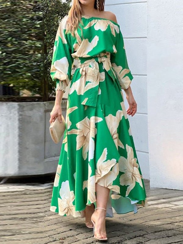 Women's Dresses Sloping Shoulder Print Balloon Sleeve Dress - Maxi Dresses - Instastyled | Online Fashion Free Shipping Clothing, Dresses, Tops, Shoes - 21/09/2022 - Color_Green - DRE2209215488