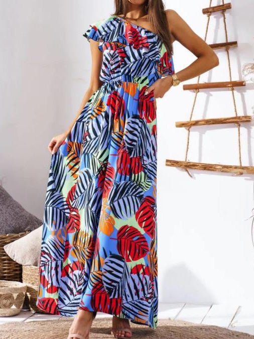 Women's Dresses Sloping Shoulder Ruffled Elastic Waist Print Dress - Maxi Dresses - Instastyled | Online Fashion Free Shipping Clothing, Dresses, Tops, Shoes - 15/06/2022 - Color_Black - Color_Blue