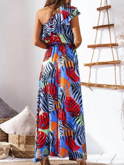Women's Dresses Sloping Shoulder Ruffled Elastic Waist Print Dress - Maxi Dresses - Instastyled | Online Fashion Free Shipping Clothing, Dresses, Tops, Shoes - 15/06/2022 - Color_Black - Color_Blue