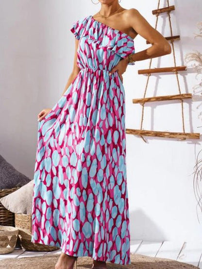 Women's Dresses Sloping Shoulder Ruffled Elastic Waist Print Dress - Maxi Dresses - Instastyled | Online Fashion Free Shipping Clothing, Dresses, Tops, Shoes - 15/06/2022 - Color_Black - Color_Blue