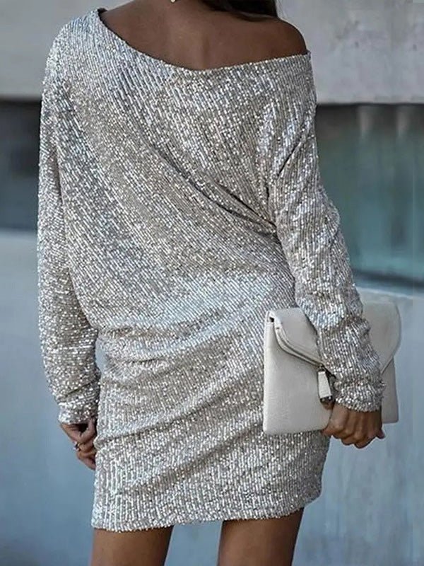 Women's Dresses Sloping Shoulder Sequin Long Sleeve Dress - Mini Dresses - Instastyled | Online Fashion Free Shipping Clothing, Dresses, Tops, Shoes - 22/09/2022 - Casual Dresses - Color_Gold