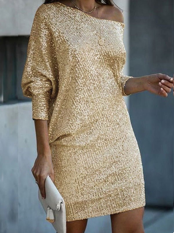 Women's Dresses Sloping Shoulder Sequin Long Sleeve Dress - Mini Dresses - Instastyled | Online Fashion Free Shipping Clothing, Dresses, Tops, Shoes - 22/09/2022 - Casual Dresses - Color_Gold