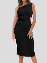 Women's Dresses Sloping Shoulder Slim Hollow Drawstring Dress - Midi Dresses - Instastyled | Online Fashion Free Shipping Clothing, Dresses, Tops, Shoes - 12/01/2022 - 30-40 - color-black