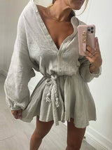 Women's Dresses Solid Belted Button Lotus Leaf Long Sleeve Dress - Mini Dresses - Instastyled | Online Fashion Free Shipping Clothing, Dresses, Tops, Shoes - 24/12/2021 - 30-40 - color-gray
