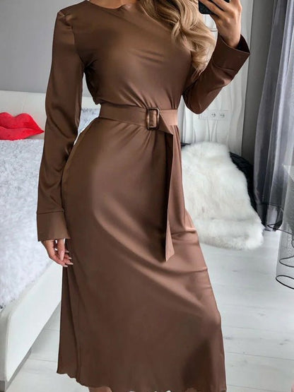 Women's Dresses Solid Belted Crew Neck Long Sleeve Dress - Maxi Dresses - Instastyled | Online Fashion Free Shipping Clothing, Dresses, Tops, Shoes - 15/03/2022 - 30-40 - color-blue