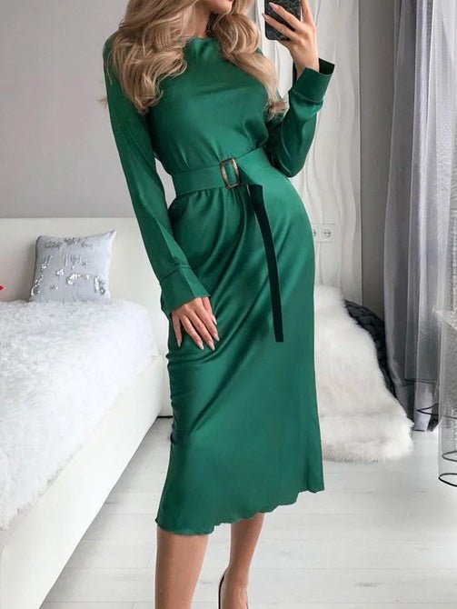 Women's Dresses Solid Belted Crew Neck Long Sleeve Dress - Maxi Dresses - Instastyled | Online Fashion Free Shipping Clothing, Dresses, Tops, Shoes - 15/03/2022 - 30-40 - color-blue