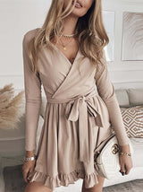 Women's Dresses Solid Belted V-Neck Long Sleeve Ruffle Dress - Mini Dresses - Instastyled | Online Fashion Free Shipping Clothing, Dresses, Tops, Shoes - 20-30 - 25/12/2021 - color-khaki