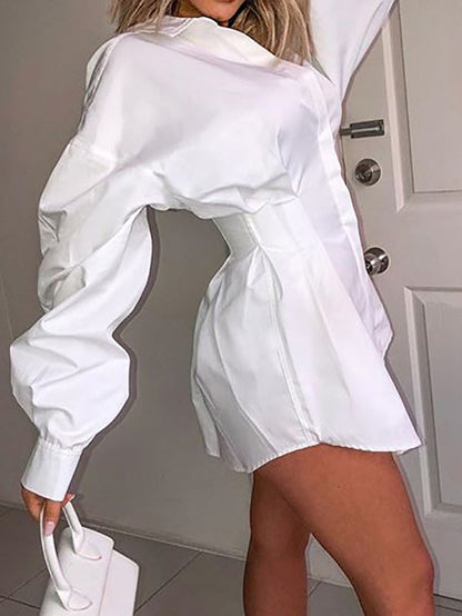 Women's Dresses Solid Deep V Neck Gathered Shirt Dress - Mini Dresses - Instastyled | Online Fashion Free Shipping Clothing, Dresses, Tops, Shoes - 12/01/2022 - 40-50 - color-white