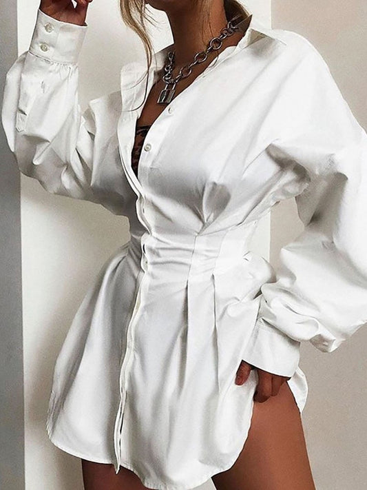Women's Dresses Solid Deep V Neck Gathered Shirt Dress - Mini Dresses - Instastyled | Online Fashion Free Shipping Clothing, Dresses, Tops, Shoes - 12/01/2022 - 40-50 - color-white