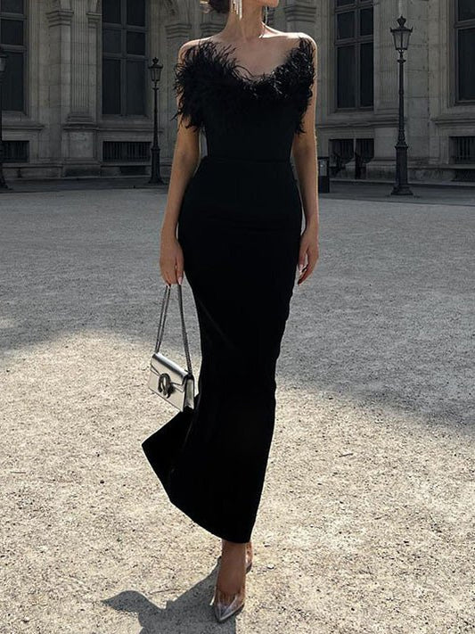 Women's Dresses Solid Feather V-Neck Fitted Dress - Maxi Dresses - Instastyled | Online Fashion Free Shipping Clothing, Dresses, Tops, Shoes - 09/08/2022 - Bodycon Dresses - Color_Black