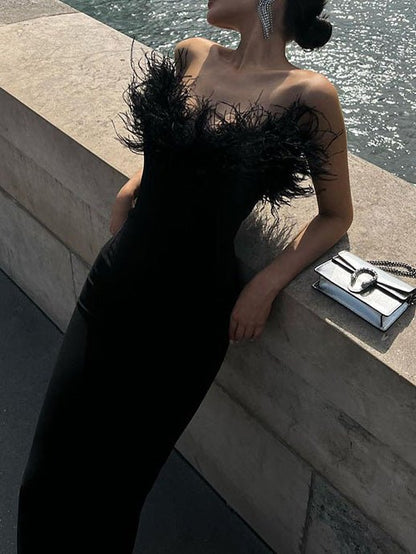 Women's Dresses Solid Feather V-Neck Fitted Dress - Maxi Dresses - Instastyled | Online Fashion Free Shipping Clothing, Dresses, Tops, Shoes - 09/08/2022 - Bodycon Dresses - Color_Black