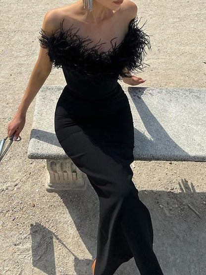 Women's Dresses Solid Feather V-Neck Fitted Dress - Maxi Dresses - Instastyled | Online Fashion Free Shipping Clothing, Dresses, Tops, Shoes - 09/08/2022 - Bodycon Dresses - Color_Black