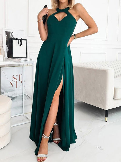 Women's Dresses Solid Halter Hollow Sleeveless Slit Dress - Maxi Dresses - Instastyled | Online Fashion Free Shipping Clothing, Dresses, Tops, Shoes - 14/03/2022 - 30-40 - color-green