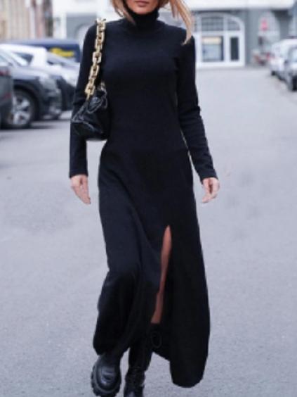 Women's Dresses Solid High Neck Long Sleeve Split Dress - Maxi Dresses - INS | Online Fashion Free Shipping Clothing, Dresses, Tops, Shoes - 09/11/2021 - 20-30 - color-black