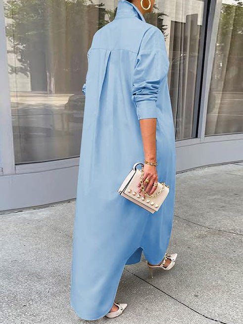 Women's Dresses Solid Long Sleeve Slit Shirt Dress - Maxi Dresses - Instastyled | Online Fashion Free Shipping Clothing, Dresses, Tops, Shoes - 23/08/2022 - 40-50 - color-blue