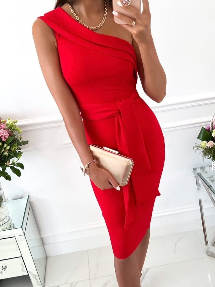 Women's Dresses Solid One Shoulder Belted Slim Dress - Midi Dresses - Instastyled | Online Fashion Free Shipping Clothing, Dresses, Tops, Shoes - 22/04/2022 - Bodycon Dresses - Color_Beige