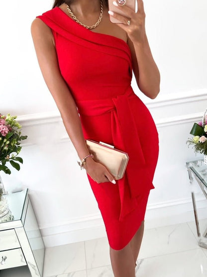 Women's Dresses Solid One Shoulder Belted Slim Dress - Midi Dresses - Instastyled | Online Fashion Free Shipping Clothing, Dresses, Tops, Shoes - 22/04/2022 - Bodycon Dresses - Color_Beige