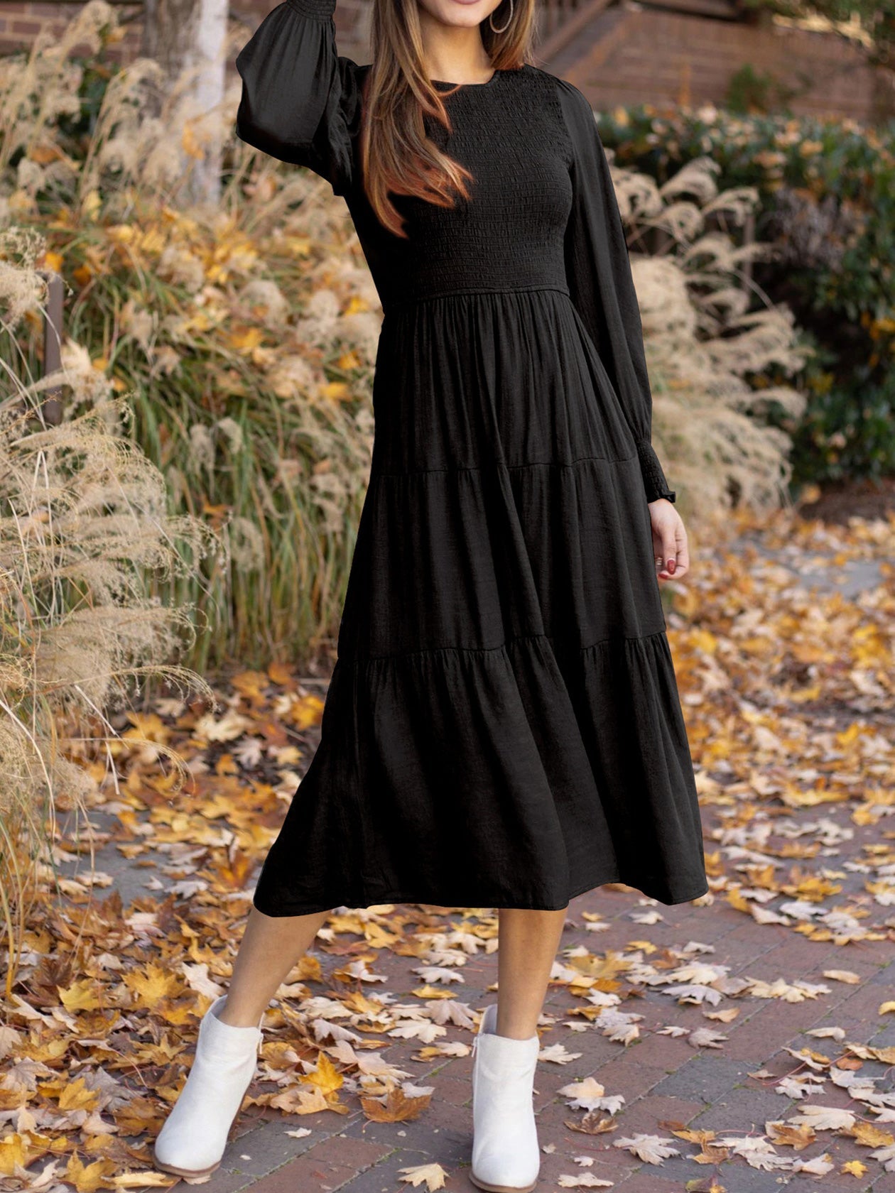 Women's Dresses Solid Round Neck Balloon Sleeve Dress - Maxi Dresses - Instastyled | Online Fashion Free Shipping Clothing, Dresses, Tops, Shoes - 19/09/2022 - Casual Dresses - Color_Black