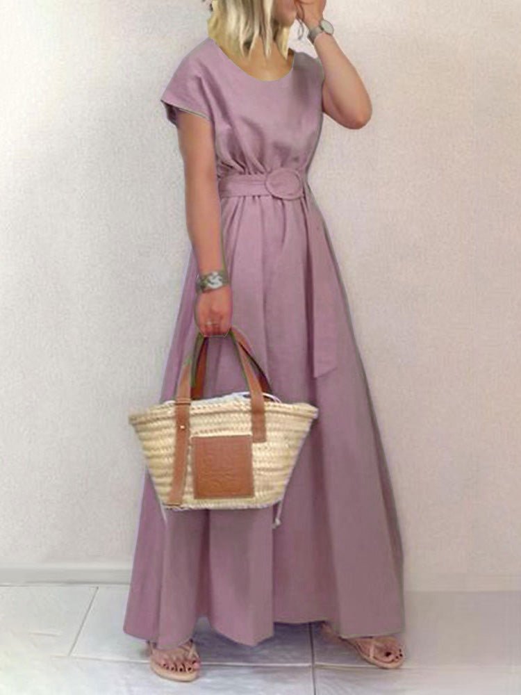 Women's Dresses Solid Round Neck Belt Short Sleeve Dress - Maxi Dresses - Instastyled | Online Fashion Free Shipping Clothing, Dresses, Tops, Shoes - 21/06/2022 - 30-40 - Casual Dresses