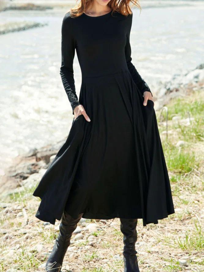 Women's Dresses Solid Round Neck Pocket Long Sleeve Dress - Maxi Dresses - INS | Online Fashion Free Shipping Clothing, Dresses, Tops, Shoes - 24/11/2021 - color-black - color-blue