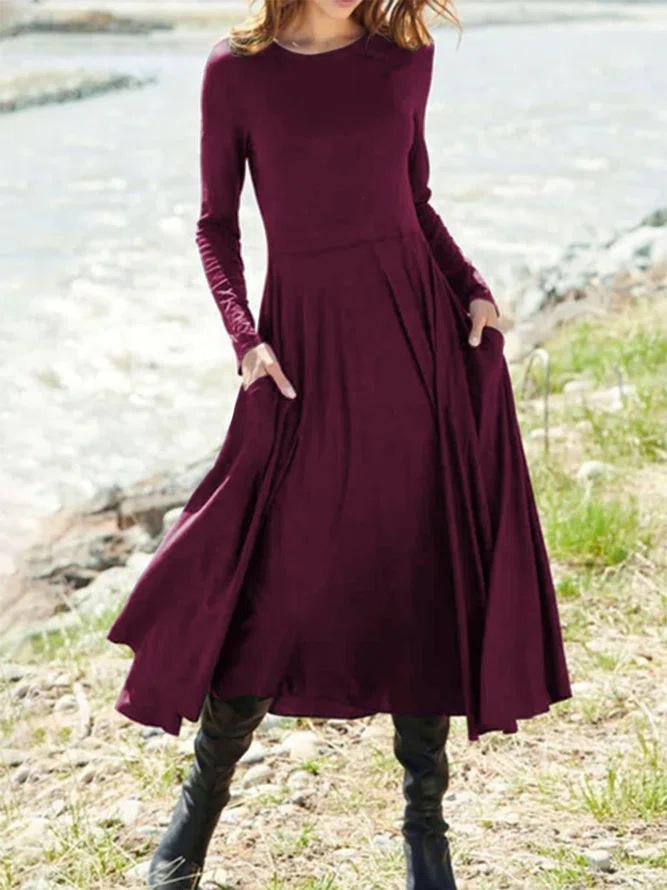 Women's Dresses Solid Round Neck Pocket Long Sleeve Dress - Maxi Dresses - INS | Online Fashion Free Shipping Clothing, Dresses, Tops, Shoes - 24/11/2021 - color-black - color-blue