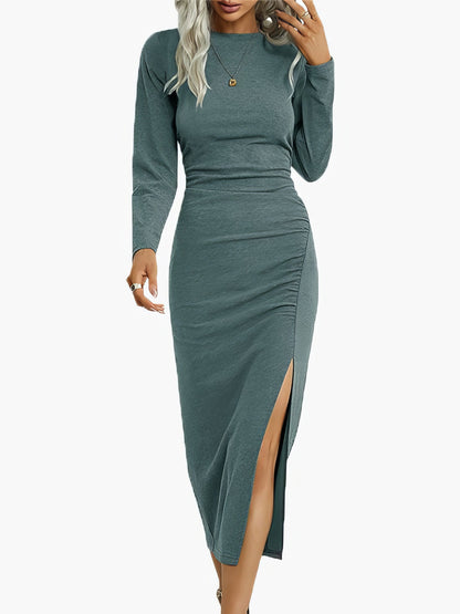 Women's Dresses Solid Round Neck Slim Long Sleeve Split Dress