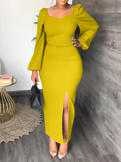 Women's Dresses Solid Square Neck Long Sleeve Slit Dress - Maxi Dresses - Instastyled | Online Fashion Free Shipping Clothing, Dresses, Tops, Shoes - 02/09/2022 - Bodycon Dresses - color-black