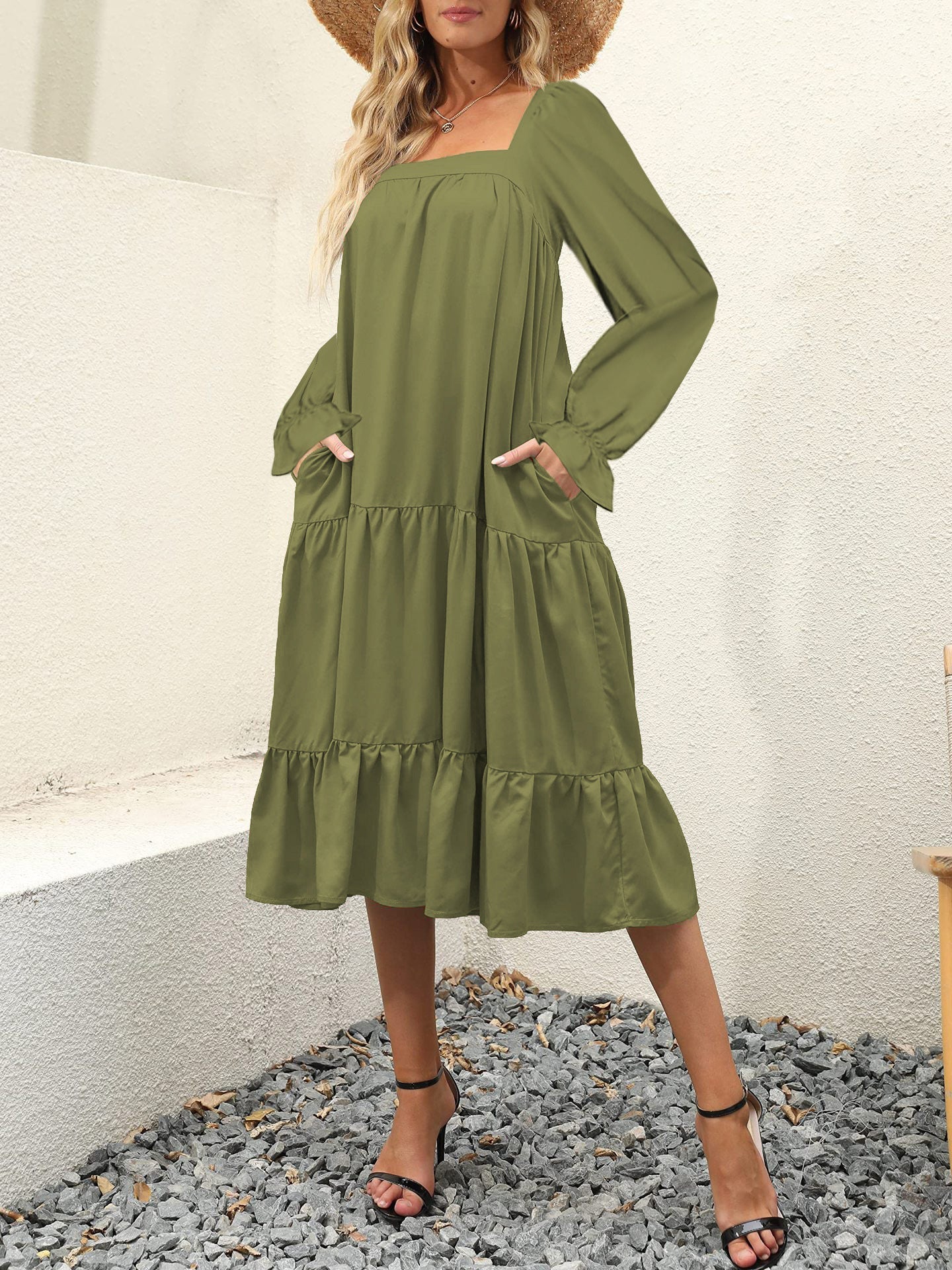 Women's Dresses Solid Square Neck Long Sleeve Swing Dress - Maxi Dresses - Instastyled | Online Fashion Free Shipping Clothing, Dresses, Tops, Shoes - 23/09/2022 - 40-50 - casual-dresses