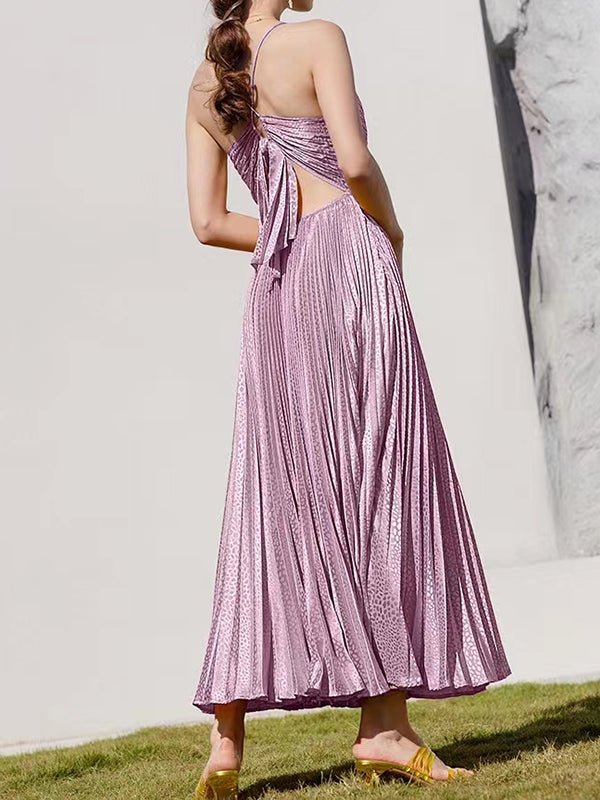 Women's Dresses Solid Strap V-Neck Pleated Maxi Dress - MsDressly