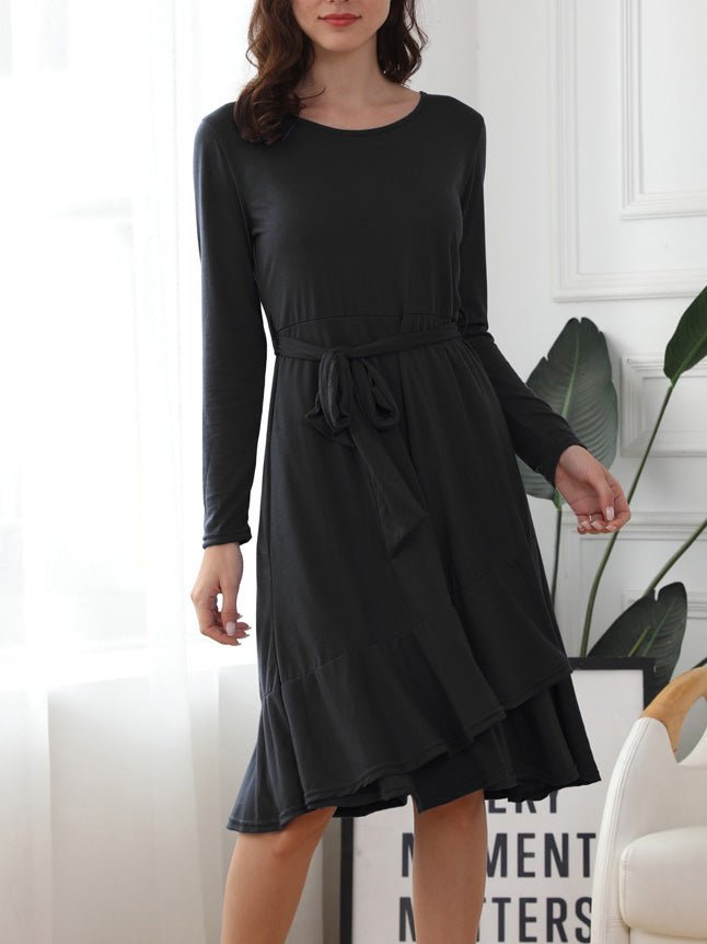 Women's Dresses Solid Tie Crew Neck Long Sleeve Ruffle Dress - Midi Dresses - Instastyled | Online Fashion Free Shipping Clothing, Dresses, Tops, Shoes - 06/09/2022 - Casual Dresses - Color_Black