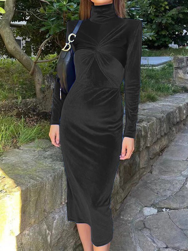 Women's Dresses Solid Turtleneck Velvet Long Sleeve Dress - Maxi Dresses - Instastyled | Online Fashion Free Shipping Clothing, Dresses, Tops, Shoes - 25/07/2022 - Bodycon Dresses - Color_Black