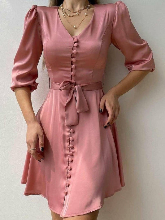 Women's Dresses Solid V-Neck Belt Button Long Sleeve Dress - Mini Dresses - Instastyled | Online Fashion Free Shipping Clothing, Dresses, Tops, Shoes - 11/02/2022 - 30-40 - color-light_green