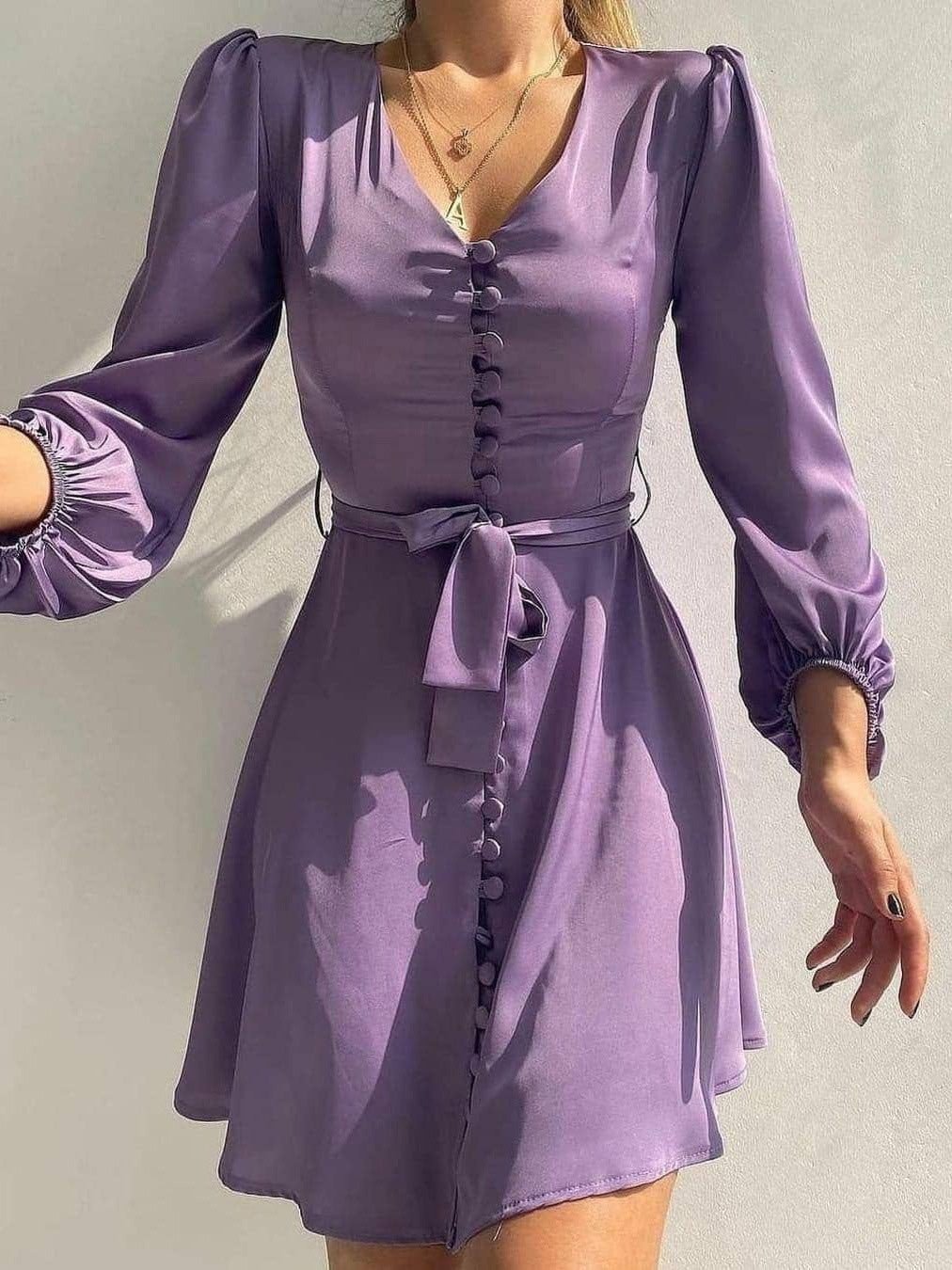 Women's Dresses Solid V-Neck Belt Button Long Sleeve Dress - Mini Dresses - Instastyled | Online Fashion Free Shipping Clothing, Dresses, Tops, Shoes - 11/02/2022 - 30-40 - color-light_green