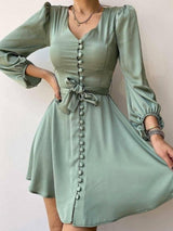 Women's Dresses Solid V-Neck Belt Button Long Sleeve Dress - Mini Dresses - Instastyled | Online Fashion Free Shipping Clothing, Dresses, Tops, Shoes - 11/02/2022 - 30-40 - color-light_green