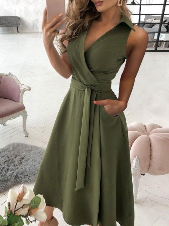 Women's Dresses Solid V-Neck Belted Sleeveless Dress - Maxi Dresses - Instastyled | Online Fashion Free Shipping Clothing, Dresses, Tops, Shoes - 27/06/2022 - 30-40 - Casual Dresses