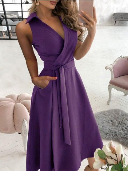 Women's Dresses Solid V-Neck Belted Sleeveless Dress - Maxi Dresses - Instastyled | Online Fashion Free Shipping Clothing, Dresses, Tops, Shoes - 27/06/2022 - 30-40 - Casual Dresses