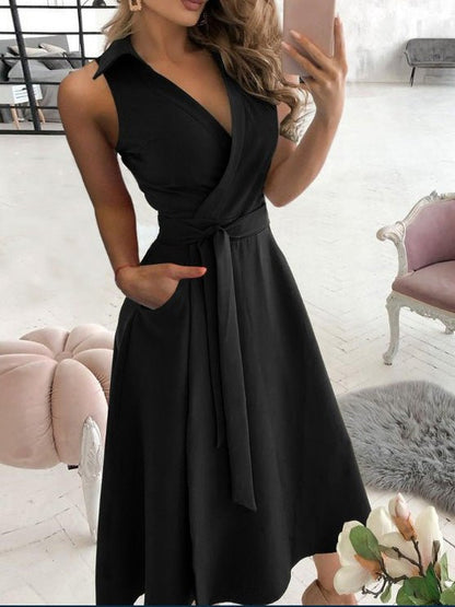 Women's Dresses Solid V-Neck Belted Sleeveless Dress - Maxi Dresses - Instastyled | Online Fashion Free Shipping Clothing, Dresses, Tops, Shoes - 27/06/2022 - 30-40 - Casual Dresses